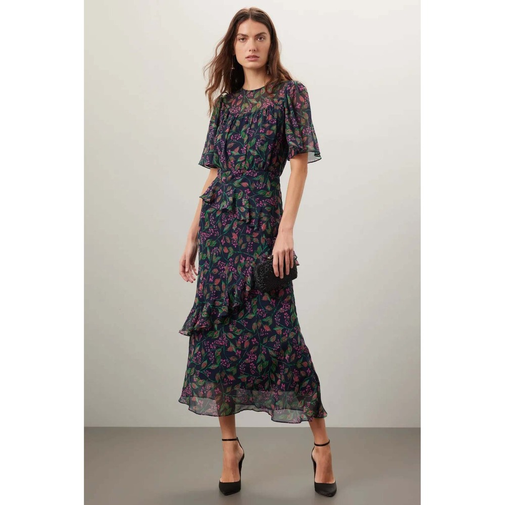 Saloni Women's Vida Ruffled Silk Georgette Midi Dress Size US 14 UK 18